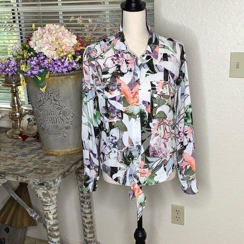 NOT FOR SALE Johanne Beck White  Tropical Floral Print Tie Front Top